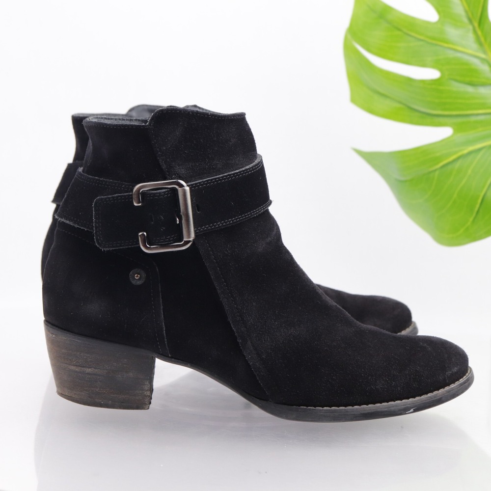 Paul Green Womens Jano Boots Size 9 Black Suede Ankle Booties Buckle Low Heel